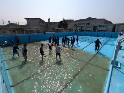 排水溝へ水を流している様子